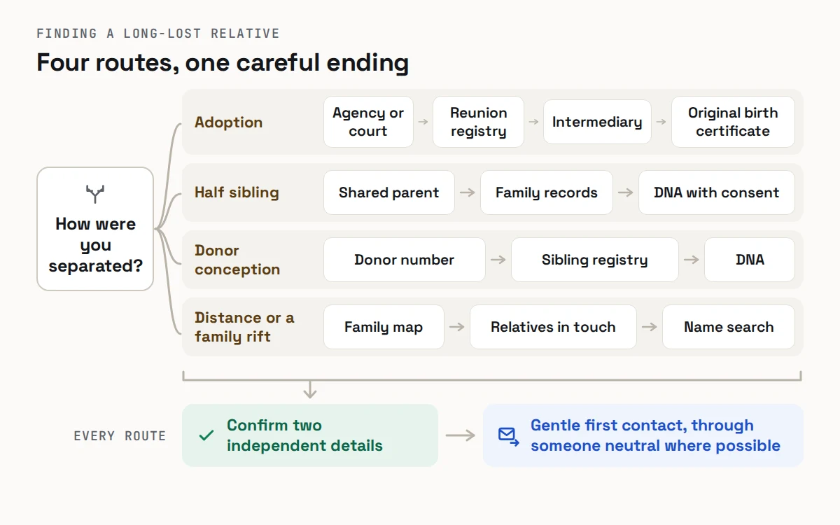 Four routes to a long-lost relative by how you were separated: adoption, half sibling, donor conception, and distance or a rift, each ending with two details and gentle contact